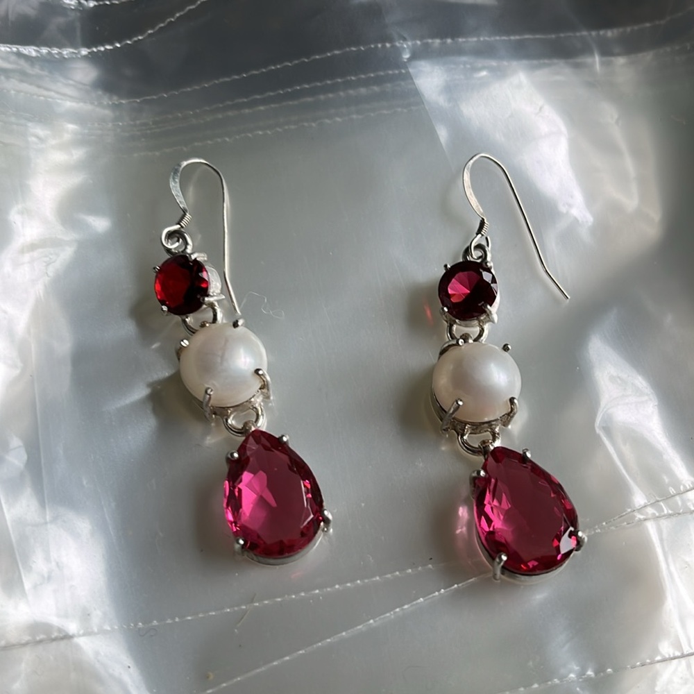 Faux PINK TOURMALINE & FRESHWATER PEARL HANDCRAFTED Sterling EARRINGS